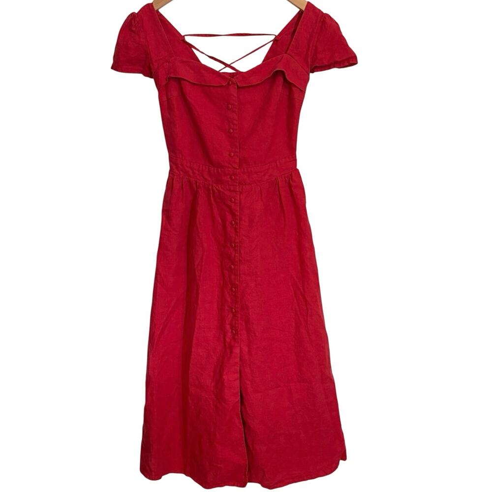 Gaala Paris Estelle Button Down Linen Midi Dress Size 36 US Small Red Romantic